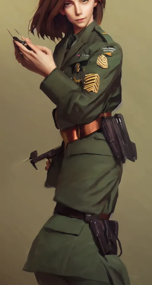 Image similar to portrait of young woman with light brown shoulder length hair and hazel eyes dressed in a sharp dark teal military uniform, smiling, ilya kuvshinov, svetlana tigai, greg rutkowski, loish, artgerm, digital painting, concept art