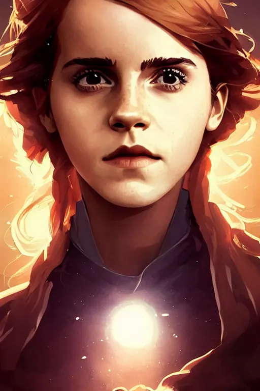 Image similar to Poster artwork, Emma Watson as Hermione Granger, magnificent, medium shot, close up, details, sharp focus, elegant, highly detailed, illustration, by Jordan Grimmer and greg rutkowski and PiNe(パイネ) and 薯子Imoko and 香川悠作 and wlop!! and maya takamura, intricate, beautiful, Trending artstation, pixiv, digital Art