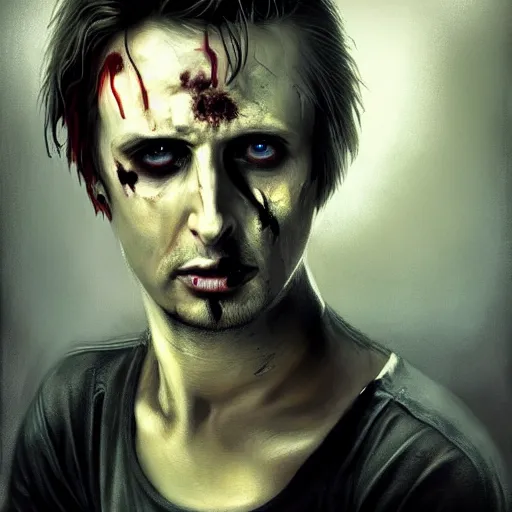 Image similar to young and handsome matt bellamy as a zombie, 7 days to die zombie, gritty background, fine art, award winning, intricate, elegant, sharp focus, cinematic lighting, digital painting, 8 k concept art, art by michael hussar, art by brom, art by guweiz and z. w. gu, 8 k