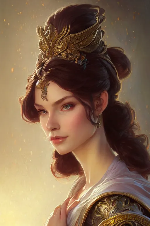 Image similar to beautiful female princess, portrait, short hair, d & d, fantasy, intricate, elegant, highly detailed, digital painting, artstation, concept art, matte, sharp focus, illustration, hearthstone, art by artgerm and greg rutkowski and alphonse mucha