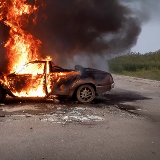 Prompt: movie still of a burning car from the series radebank,