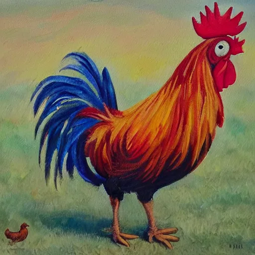 Prompt: oil painting of happy rooster impresionism