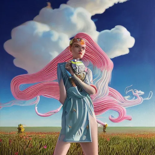 Image similar to pretty model with clouds : : by martine johanna and simon stalenhag and chie yoshii and casey weldon and wlop : : ornate, dynamic, particulate, rich colors, intricate, elegant, highly detailed, vogue, harper's bazaar art, fashion magazine, smooth, sharp focus, 8 k, octane render