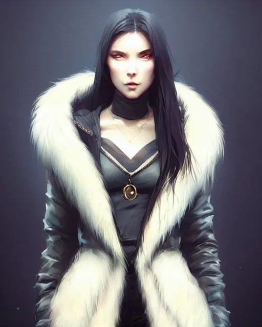 Image similar to fur - lined dragonhide jacket!!! beautiful and elegant female!! gorgeous ayes!! character concept art, sharp focus, illustration, artgerm!! greg rutkowski! wlop!! ilya kuvshinov!! marc brunet!! octane render! unreal engine 5! highly rendered!! trending on artstation!! cgi vfx!