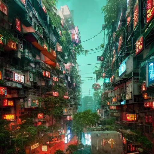 Image similar to Cyberpunk FantasyCore Kowloon walled city overgrown with lush vegetation, neon electronic signs, digital billboards rendered in Lumion Pro, Autodesk Solidowkrs Visualize, Maya, and Cinema 4D by Iwan Baan, Greg Rutkowski, Ted Gore, Dustin Lefevre, and Jaya Su Berg, trending on artstation, cgsocciety r/art