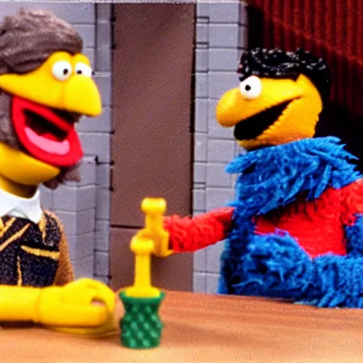 Prompt: Still from Sesame Street episode where Bert and Ernie build a Lego set