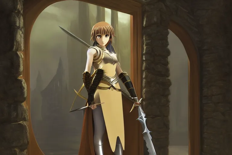 Image similar to anime key visual of young female fantasy knight, shoulder length brown hair shining detailed platinum and gold trim armor, wielding two bloody daggers, standing in the doorway of an ancient stone silver monastery, style of jamie wyeth james gilleard edward hopper greg rutkowski acrylic painting, preserved museum piece, historical