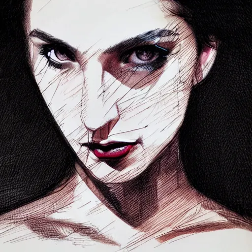 Prompt: bemused to be in jail portrait of an italian actress looking straight on, complex artistic color ink pen sketch illustration, full detail, gentle shadowing, fully immersive reflections and particle effects, concept art by artgerm
