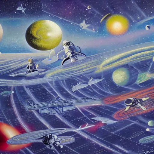 Image similar to rough texture, tempera, starburst background, astronauts and space colonies, utopian, by david a. hardy, wpa, public works mural, socialist, propaganda