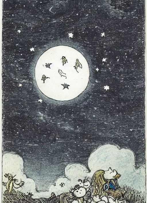 Prompt: night sky, stars, moon prominently in the center, surrounded by clouds, landscape, illustrated by peggy fortnum and beatrix potter and sir john tenniel