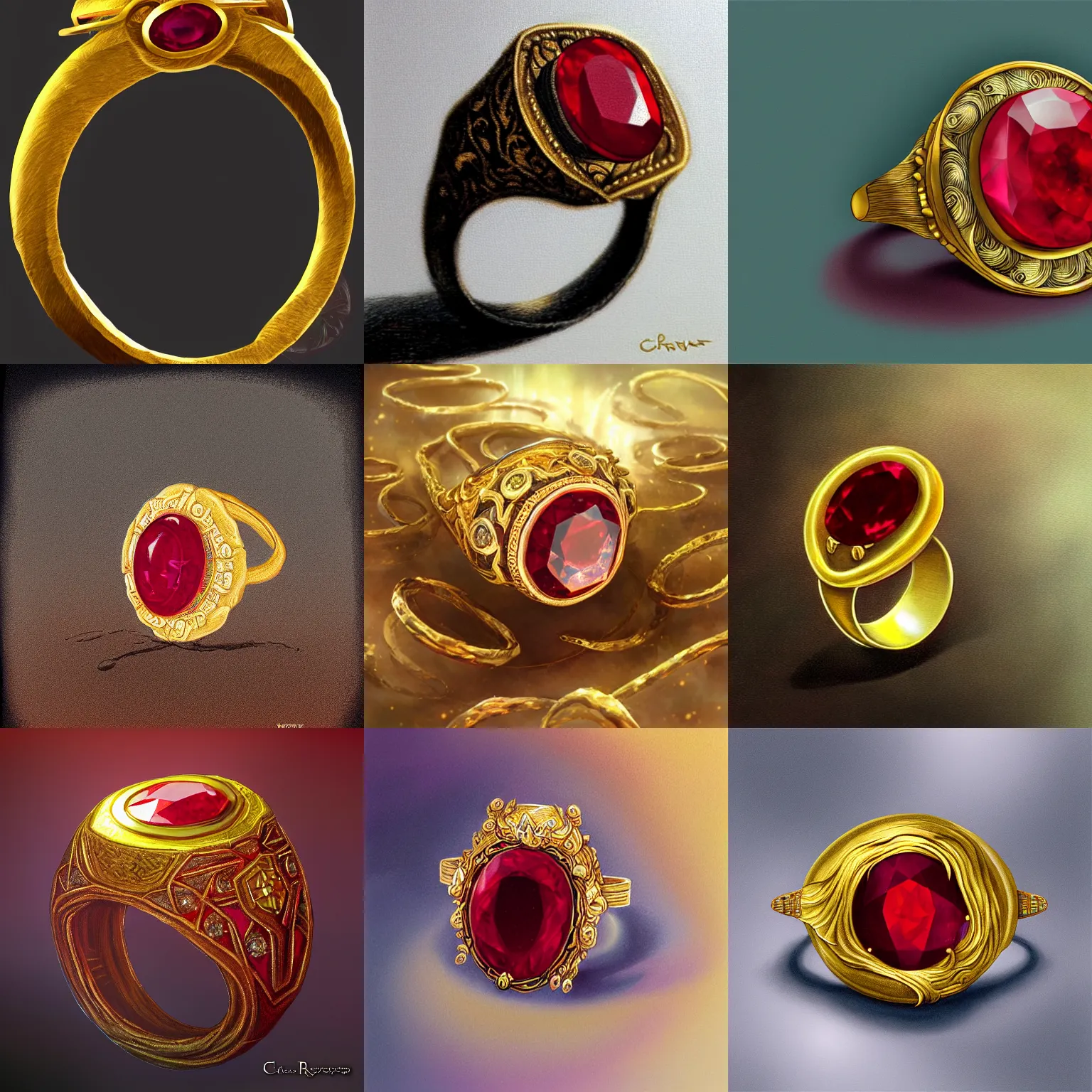 Prompt: a golden ring with a ruby, highly detailed, digital painting, Artstation, concept art, smooth, sharp focus, illustration, art by Chris Rahn, Trevor Hairsine and Matt Cavotta