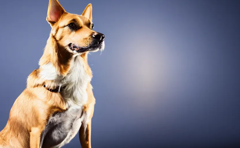 Image similar to studio photography portrait of a dog on dark blue background, rim light, beautiful lighting, 8 k