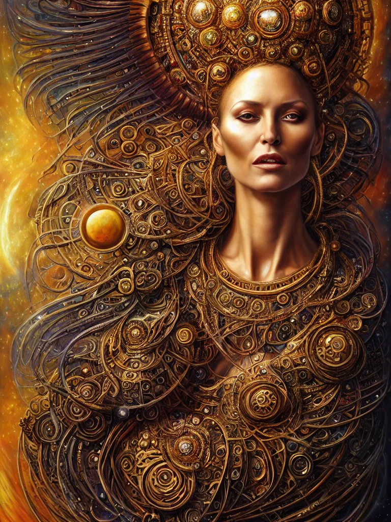 Prompt: hyper-realistic fullbody portrait. very complex hyper-maximalist overdetailed cinematic cosmic scifi portrait of an elegant very attractive sun goddess mother of the universe by andrei riabovitchev, tomasz alen kopera, oleksandra shchaslyva and peter morbacher. Extremely ornated and decorative. Fancy luxury beautiful. Omnious intricate. Secessionist portrait illustration. Goddess of the sky. Focus on face. Artstation. Deviantart. 8k 4k 64megapixel. Rendered by binx.ly.