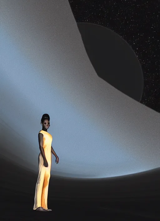 Image similar to symmetry!! a beautiful young black woman standing in front of saturn in space. cute - fine - face, pretty face, realistic shaded perfect face, dark, concept art, cinematic, dramatic, atmospheric, 8 k, trending on artstation, haze, low visibility, fog, christopher nolan, interstellar