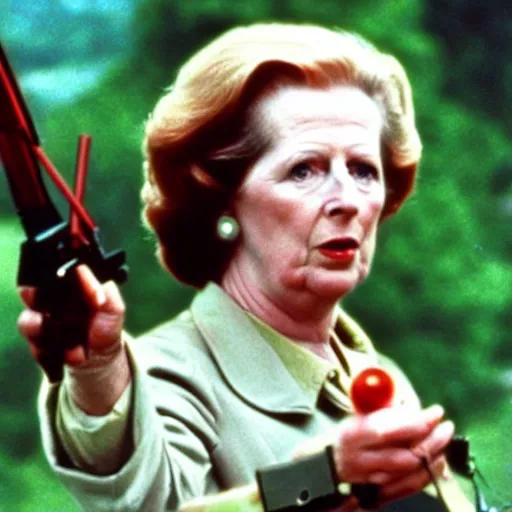 Image similar to A movie still of Margaret Thatcher as Rambo in Rambo First Blood (1982)