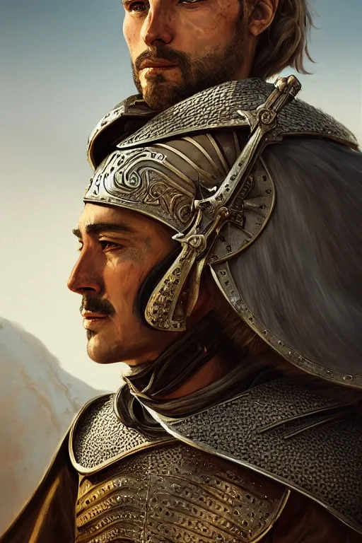 Image similar to Portrait of a handsome king in the desert, Medieval Warrior, detailed scene, Armour and Crown, Sword, photo realistic, highly detailed, dramatic lighting, trending on artstation, elegant, intricate, character design, motion and action and tragedy, fantasy, D&D, highly detailed, digital painting, concept art