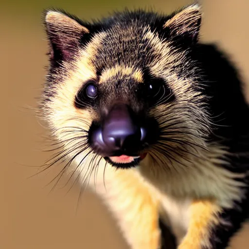 Image similar to a honeybadger - cat - hybrid with a beak, animal photography, wildlife photo