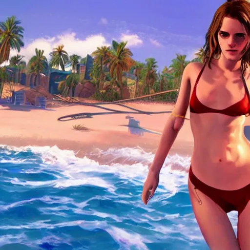 Image similar to emma watson in red bikini in gta v, cover art by stephen bliss, artstation, no text