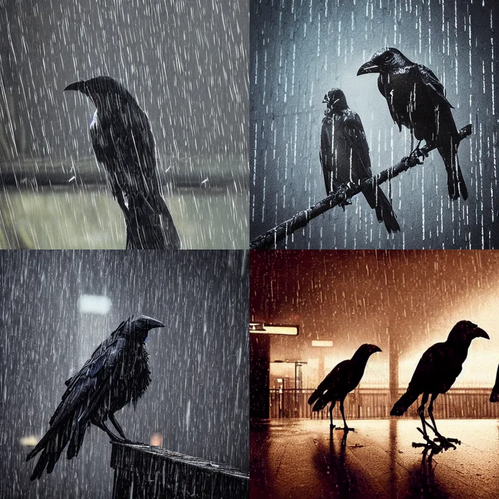 Prompt: cyberpunk crows in the rain