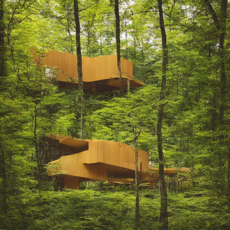 Image similar to architecture ad for a mid-century modern house in the middle of the forrest, designed by Kengo Kuma. Film grain, cinematic, yellow hue