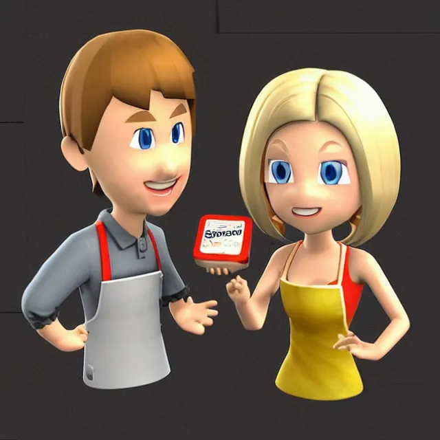 Prompt: videogame box art for the game'gratin maker 3 ds'( 2 0 0 5 ) showing a blonde female mii and a brunette male mii smiling in a kitchen with a gratin in front of them, low poly, cgi cartoon, detailed