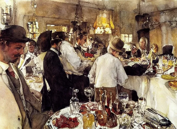 Image similar to gentlemens dinner, masterpiece, meat, wine, schnapps, watercolor by anders zorn and carl larsson, art nouveau