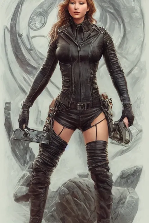 Image similar to muscled Jennifer Lawrence as a ruggedly handsome heroine , dressed in biker leather, intricate, elegant, highly detailed, centered, digital painting, artstation, concept art, smooth, sharp focus, illustration, art by artgerm and donato giancola and Joseph Christian Leyendecker, Ross Tran, WLOP