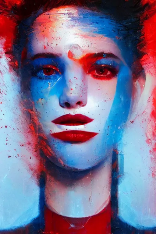 Image similar to 3 d, sci - fi, morning, stanley kubrick smiling fashion model face, sun, cinematic, lightning clouds, vogue cover style, water, light red and deep blue mood, realistic painting, intricate oil painting, high detail, figurative art, multiple exposure, poster art, 3 d, by tooth wu and wlop and beeple and greg rutkowski