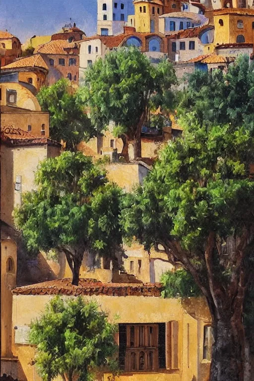 Prompt: painting of view of old European city with mix of middle eastern architecture fusion, greenary trees between houses, photoreal, stunning atmosphere landscape painting by Charles Leickert