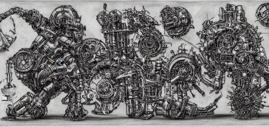 Image similar to mechagodzilla, steampunk automaton, mechanical, renaissance style drawing, alchmical sketch, mutant, detiled, clockwork, 4 k, fineart, anatomy of a machine, sketch by leonardo da vinci