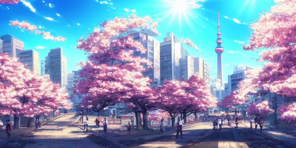 Image similar to anime style cityscape, spring season city, cherry blossoms blowing in the wind, day time, sun high in the sky, sun glare, clear weather, blue sky, tokyo japan, very few people walking, high detail and very sharp, detailed shading, artstation, wallpaper, kyoto animation productions, a silent voice