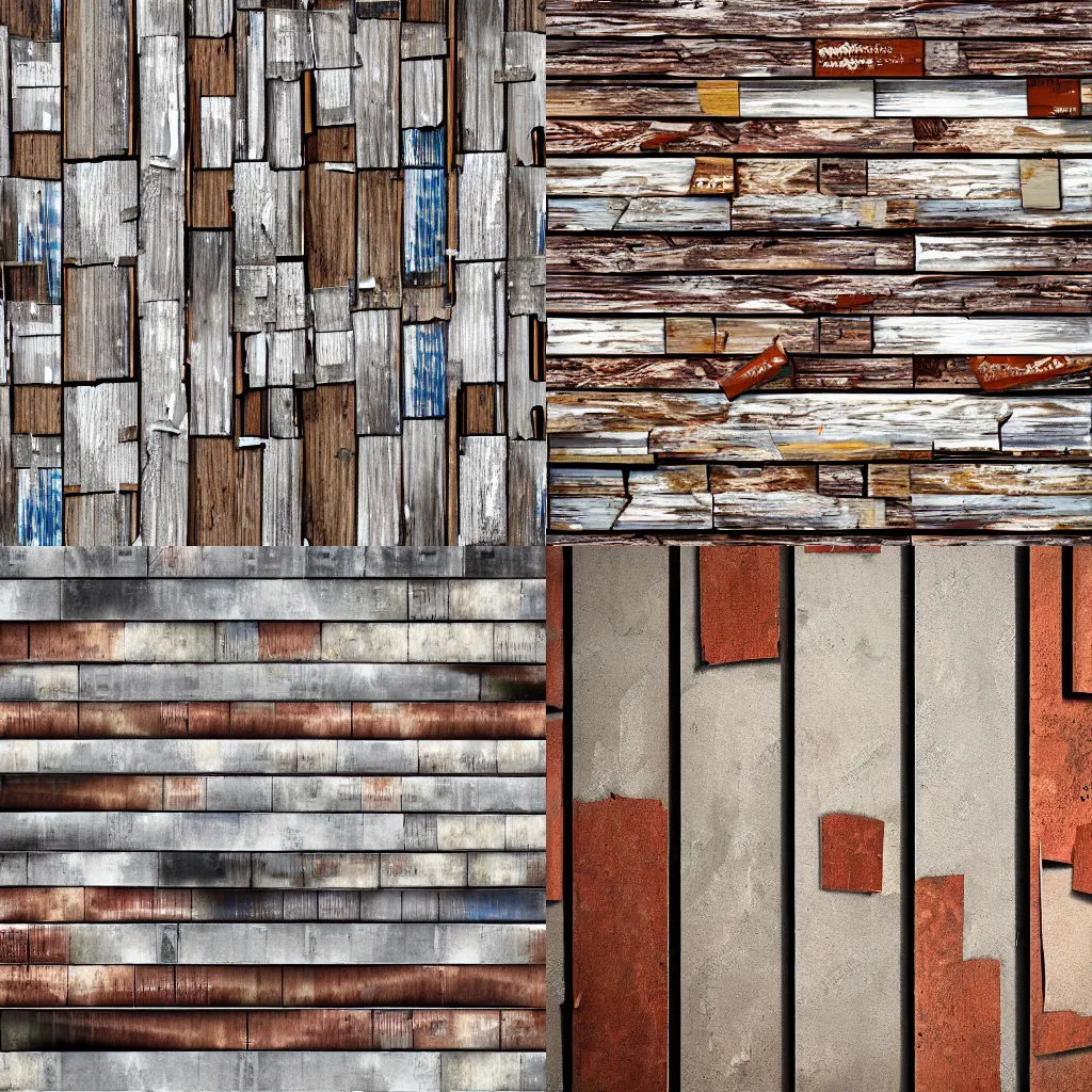 Prompt: flat texture map of a wall made of crooked scrap wooden planks and rusty metal scraps, graffiti, worn decals