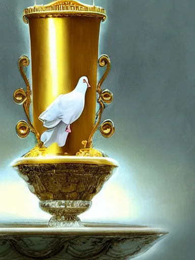 Prompt: a white dove holding a catholic host in a golden cup water fountain. intricate, elegant, highly detailed, digital painting, artstation, concept art, sharp focus, illustration, by justin gerard and artgerm, 8 k