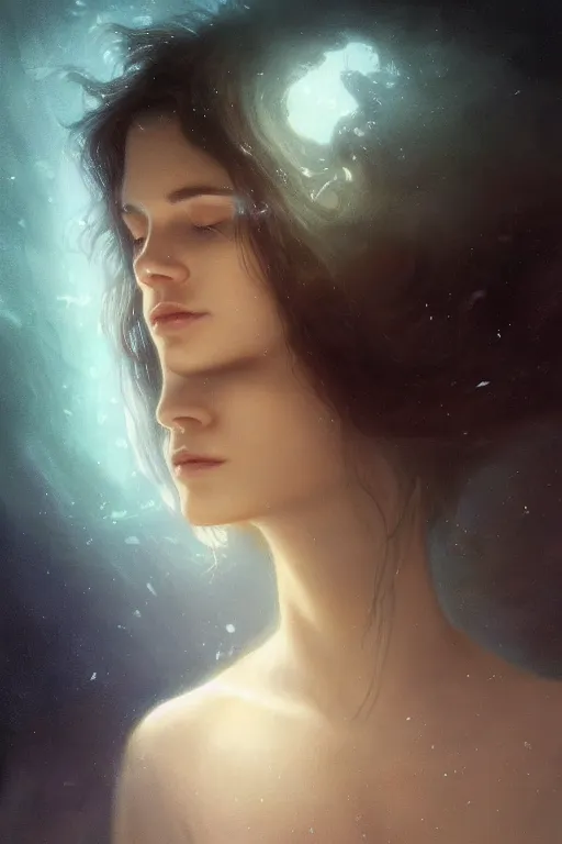 Image similar to meditation deep in dark murky water!!!, underwater atmospheric mood, asleep and dreaming! cinematic volumetric lights, bust portrait, dnd, fantasy, intricate, elegant, highly detailed, digital painting, artstation, concept art, smooth, sharp focus, illustration, art by artgerm and tom bagshaw and greg rutkowski and alphonse mucha