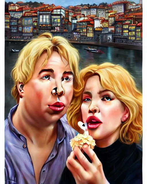 Image similar to Portrait of Michael Mcintyre & blonde actress with big lips eating ice creams in Porto,real life skin, intricate, elegant, highly detailed, artstation, concept art, smooth, sharp focus, art by artgerm and greg rutkowski and alphonse mucha