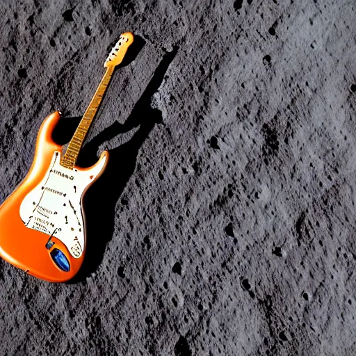 Image similar to real photo of a stratocaster electric guitar sitting idle on the moon. detailed. 8k