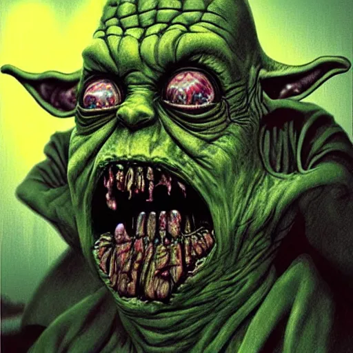 Prompt: zombie yoda, yoda as a zombie, wayne barlowe, zombified, scary