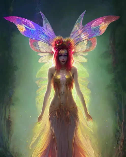 Image similar to stunningly beautiful female faerie priestess in amanita muscaria forest landscape, symmetrical wings on back, neon hair, fantasy art, wearing a dress of gossamer gold, dark light night, sharp focus, digital painting, 4 k, concept art, art by wlop, greg rutkowski and alphonse mucha, brom, face by otto schmidt