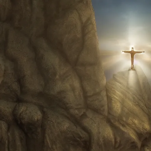 Prompt: Jesus Christ rising out from a tomb in a cliff side, cinematic perspective, movie shot, 8k, full hd