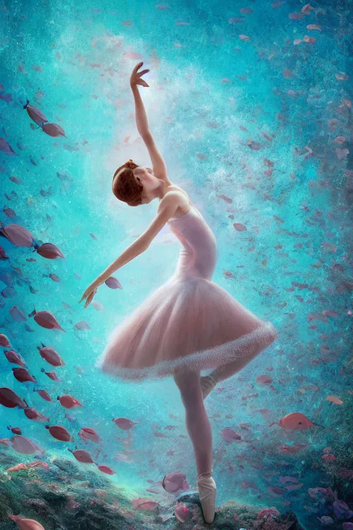 Image similar to ballerina alone at the bottom of the great barrier reef by jaques cousteau, digital art, smooth, focus, highly detailed, hyper realistic, intricate, concept art, art by wlop