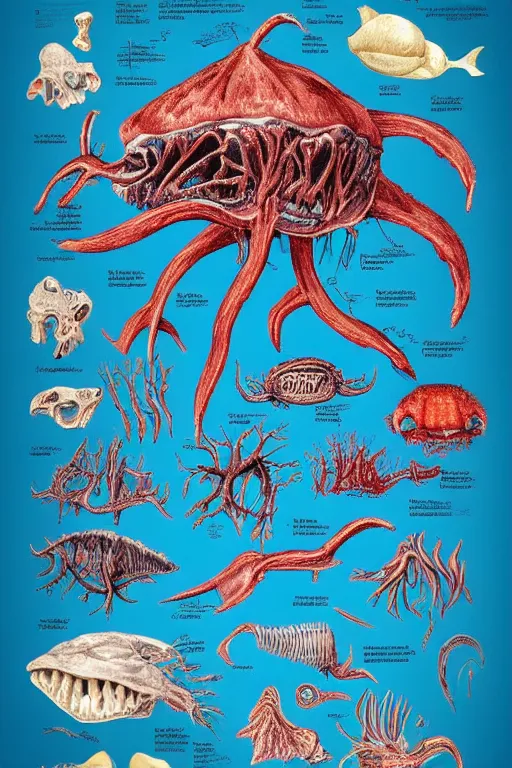 Prompt: anatomical encyclopedia illustration of a disturbing deep sea creature, photorealistic, diagram
