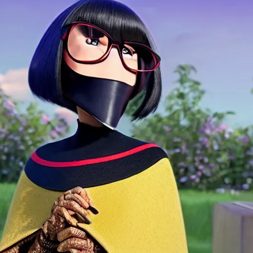 Prompt: a still of an edgy Edna Mode wearing a cape, Pixar (2018)