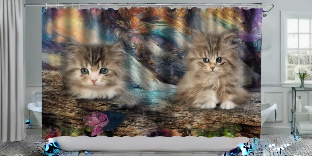 Image similar to a main coon kitten little mermaid shower curtain, product photography. 4 k, highly detailed.