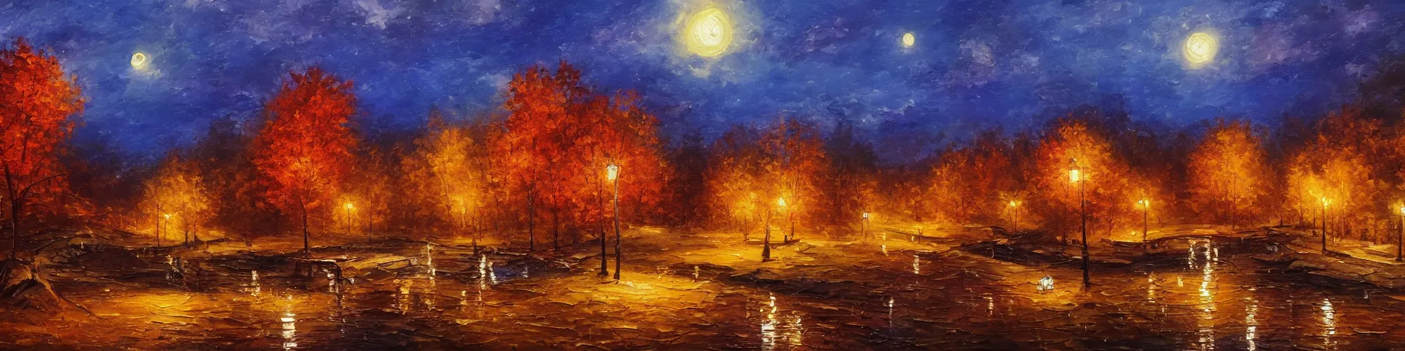 Prompt: painting of autumn village landscape during night, award winning painting, beautiful, breathtaking, stunning scenery, trending on artstation, masterpiece, high definition, 8 k
