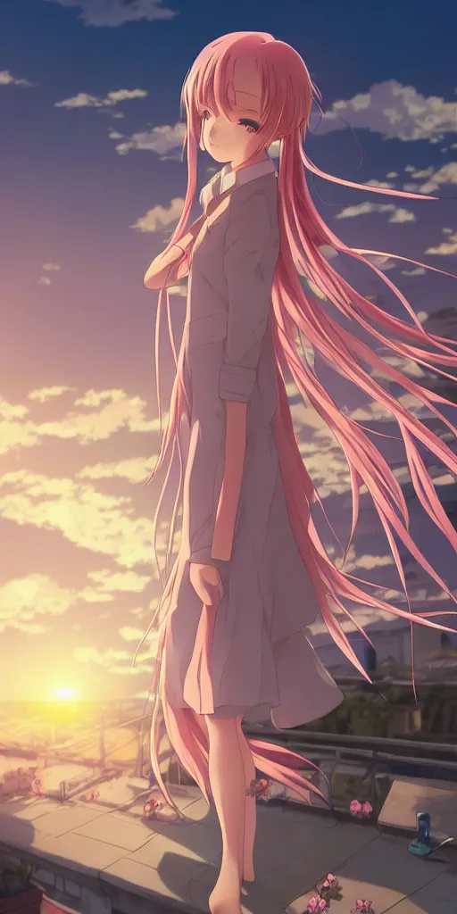 Prompt: anime art, anime key visual of a cute elegant anime girl with pink hair and big eyes on the city rooftop at sunset with clouds, golden hour sunset, background blur bokeh, beautiful lighting, high quality illustration, studio ghibli