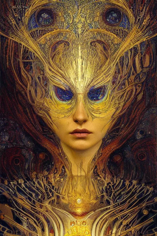 Image similar to Intermittent Chance of Chaos Muse by Karol Bak, Jean Deville, Gustav Klimt, and Vincent Van Gogh, enigma, destiny, fate, inspiration, muse, otherworldly, fractal structures, arcane, ornate gilded medieval icon, third eye, spirals