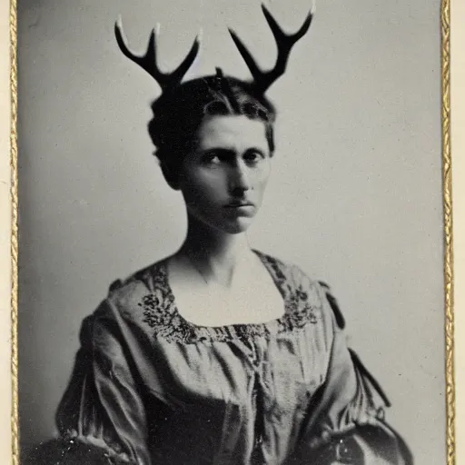 Prompt: portrait of a 1 9 th century woman with antlers, 1 9 0 0 s photography