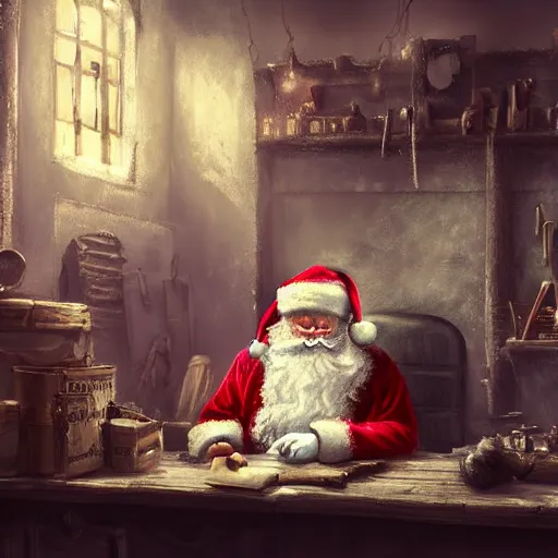 Prompt: depressed santa claus sitting in his workshop looking at revolver. sad. dimly lit. dark. 4 k rtx hdr volume light concept studio matte painting environement digital illustration style artstation artur tarnowski, mihai muscan, marcin tomalak, marta leydy, marcin stepien, charlotte hughes,