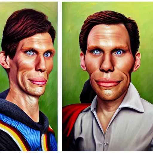 Image similar to Caricature portraits done of Jerma, realistic, hyperrealistic, very realistic, highly detailed, very detailed, extremely detailed, detailed, oil painting, digital art, trending on artstation