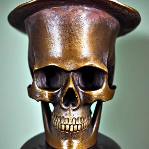 Image similar to close up shot of an old bronze patina statue of a skull with a samurai hat